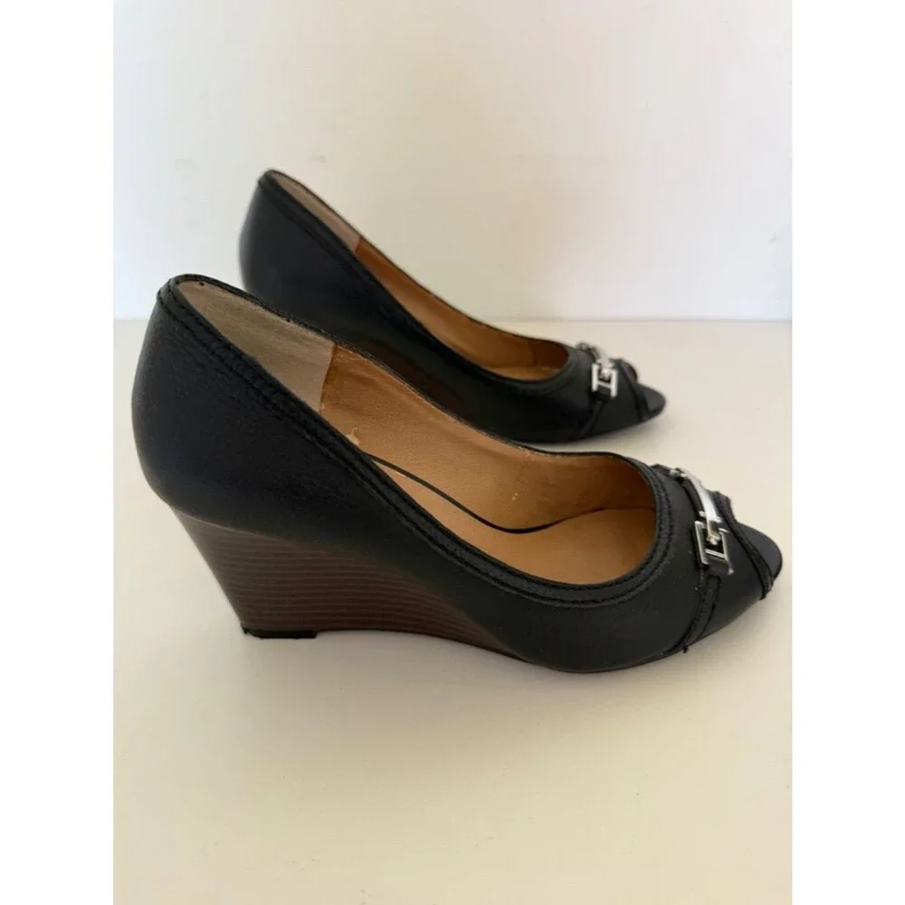 Saks Fifth Avenue Black Leather Peep Toe Wedge Heels 7M